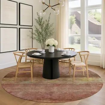 8' Terra Cotta And Gold Round Abstract Washable Indoor Outdoor Area Rug