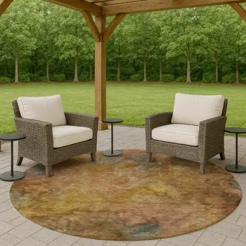8' Copper And Gold Round Abstract Washable Indoor Outdoor Area Rug
