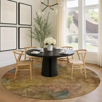 8' Copper And Gold Round Abstract Washable Indoor Outdoor Area Rug