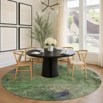 8' Green And Purple Round Abstract Washable Indoor Outdoor Area Rug
