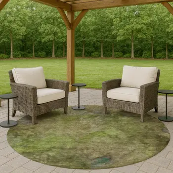 8' Olive Green And Gray Round Abstract Washable Indoor Outdoor Area Rug
