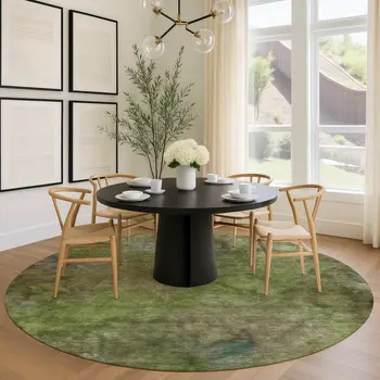 8' Olive Green And Gray Round Abstract Washable Indoor Outdoor Area Rug