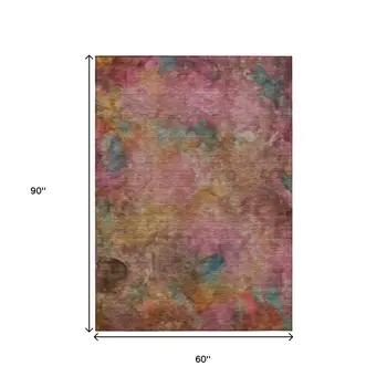 5' X 8' Pink And Orange Abstract Washable Indoor Outdoor Area Rug