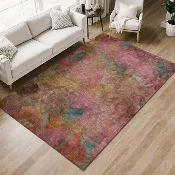 5' X 8' Pink And Orange Abstract Washable Indoor Outdoor Area Rug