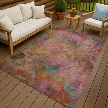 5' X 8' Pink And Orange Abstract Washable Indoor Outdoor Area Rug