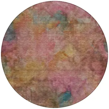 8' Pink And Orange Round Abstract Washable Indoor Outdoor Area Rug
