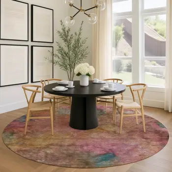 8' Pink And Orange Round Abstract Washable Indoor Outdoor Area Rug