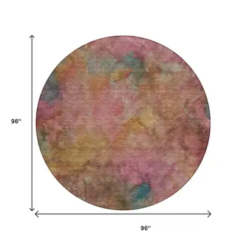 8' Pink And Orange Round Abstract Washable Indoor Outdoor Area Rug