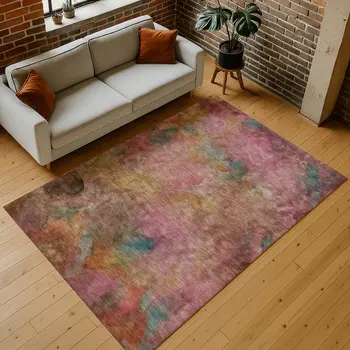 10' X 14' Pink And Orange Abstract Washable Indoor Outdoor Area Rug
