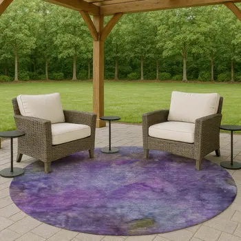 8' Purple And Lavender Round Abstract Washable Indoor Outdoor Area Rug