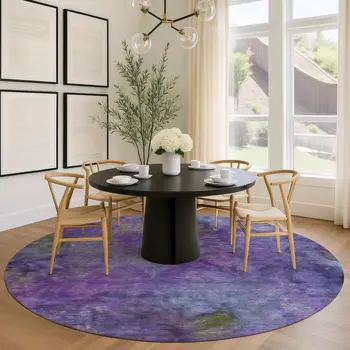 8' Purple And Lavender Round Abstract Washable Indoor Outdoor Area Rug