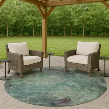 8' Teal Blue And Purple Round Abstract Washable Indoor Outdoor Area Rug