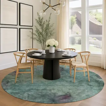 8' Teal Blue And Purple Round Abstract Washable Indoor Outdoor Area Rug