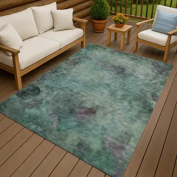9' X 12' Teal Blue And Purple Abstract Washable Indoor Outdoor Area Rug