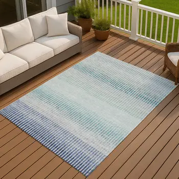 3' X 5' Blue Ivory And Gray Striped Washable Indoor Outdoor Area Rug