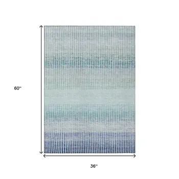 3' X 5' Blue Ivory And Gray Striped Washable Indoor Outdoor Area Rug