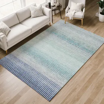 3' X 5' Blue Ivory And Gray Striped Washable Indoor Outdoor Area Rug