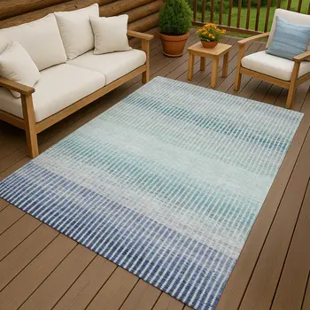3' X 5' Blue Ivory And Gray Striped Washable Indoor Outdoor Area Rug