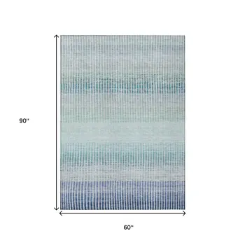 5' X 8' Blue Ivory And Gray Striped Washable Indoor Outdoor Area Rug
