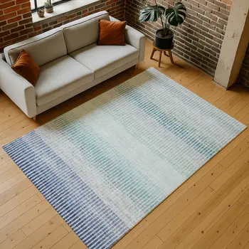 5' X 8' Blue Ivory And Gray Striped Washable Indoor Outdoor Area Rug
