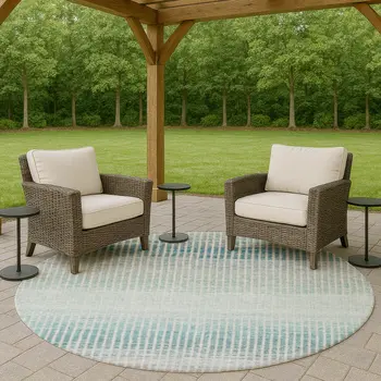 8' Blue Ivory And Gray Round Striped Washable Indoor Outdoor Area Rug