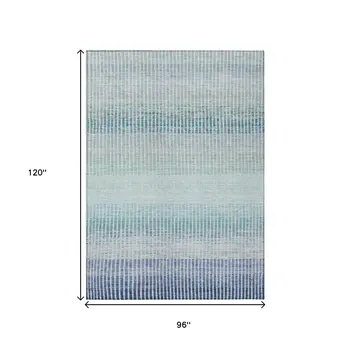 8' X 10' Blue Ivory And Gray Striped Washable Indoor Outdoor Area Rug