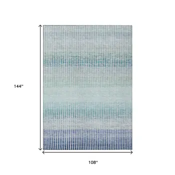 9' X 12' Blue Ivory And Gray Striped Washable Indoor Outdoor Area Rug
