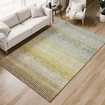 9' X 12' Brown Gold And Beige Striped Washable Indoor Outdoor Area Rug