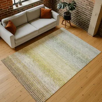 9' X 12' Brown Gold And Beige Striped Washable Indoor Outdoor Area Rug