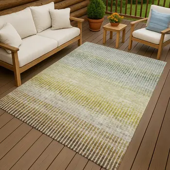 9' X 12' Brown Gold And Beige Striped Washable Indoor Outdoor Area Rug