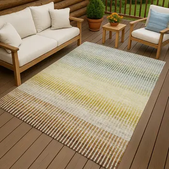 9' X 12' Copper Gray And Beige Striped Washable Indoor Outdoor Area Rug