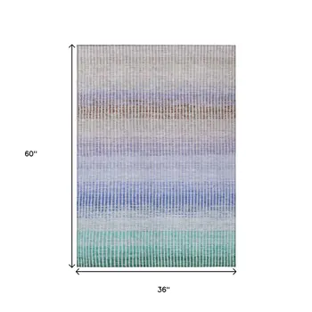 3' X 5' Green Lavender And Teal Blue Striped Washable Indoor Outdoor Area Rug
