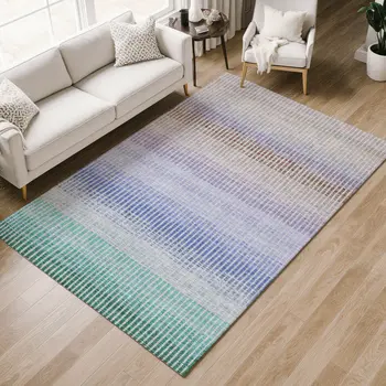 3' X 5' Green Lavender And Teal Blue Striped Washable Indoor Outdoor Area Rug