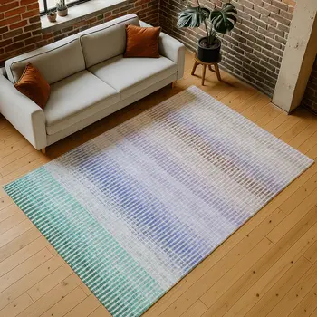 3' X 5' Green Lavender And Teal Blue Striped Washable Indoor Outdoor Area Rug