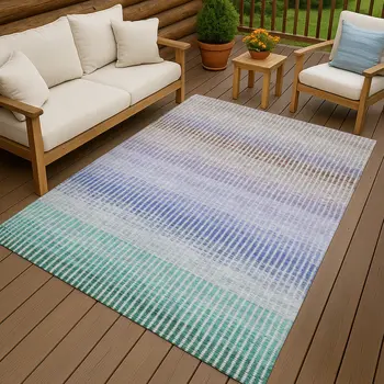 5' X 8' Green Lavender And Teal Blue Striped Washable Indoor Outdoor Area Rug