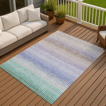 9' X 12' Green Lavender And Teal Blue Striped Washable Indoor Outdoor Area Rug