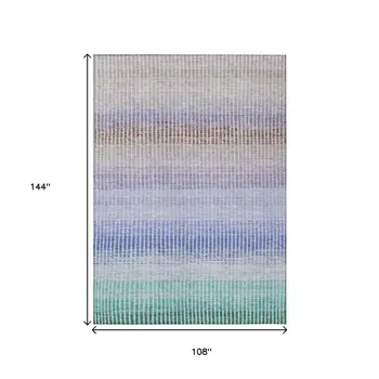 9' X 12' Green Lavender And Teal Blue Striped Washable Indoor Outdoor Area Rug