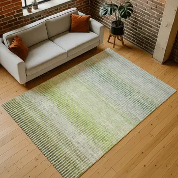 9' X 12' Olive Green And Gray Striped Washable Indoor Outdoor Area Rug