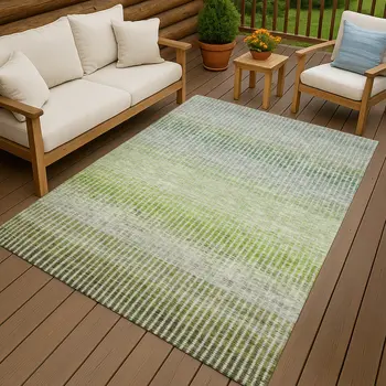 9' X 12' Olive Green And Gray Striped Washable Indoor Outdoor Area Rug