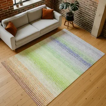 3' X 5' Orange Green And Blue Striped Washable Indoor Outdoor Area Rug