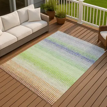 10' X 14' Orange Green And Blue Striped Washable Indoor Outdoor Area Rug