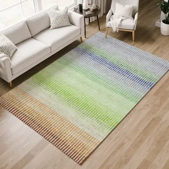 10' X 14' Orange Green And Blue Striped Washable Indoor Outdoor Area Rug