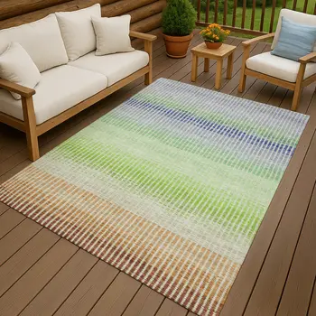 10' X 14' Orange Green And Blue Striped Washable Indoor Outdoor Area Rug