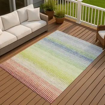 9' X 12' Chili Red Green And Blue Striped Washable Indoor Outdoor Area Rug