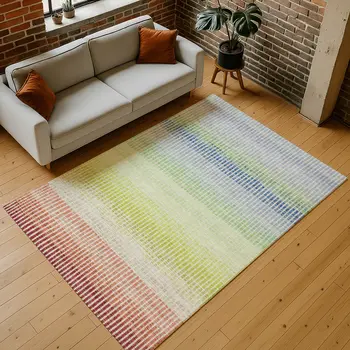 9' X 12' Chili Red Green And Blue Striped Washable Indoor Outdoor Area Rug