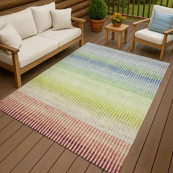 9' X 12' Chili Red Green And Blue Striped Washable Indoor Outdoor Area Rug