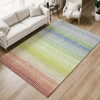 10' X 14' Chili Red Green And Blue Striped Washable Indoor Outdoor Area Rug