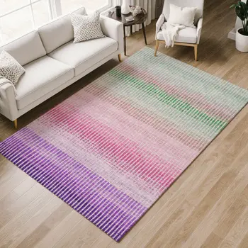 3' X 5' Purple Pink And Green Striped Washable Indoor Outdoor Area Rug