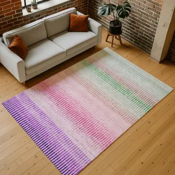 3' X 5' Purple Pink And Green Striped Washable Indoor Outdoor Area Rug