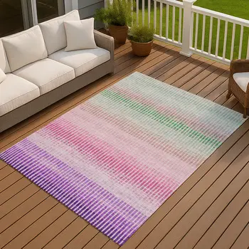 5' X 8' Purple Pink And Green Striped Washable Indoor Outdoor Area Rug